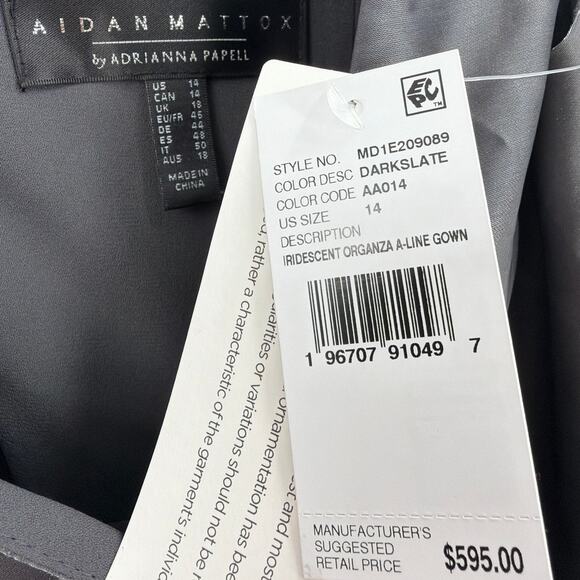 Aidan Mattox by Adrianna Papell Slate Iridescent Organza A-Line Gown Size 14 - Picture 9 of 11